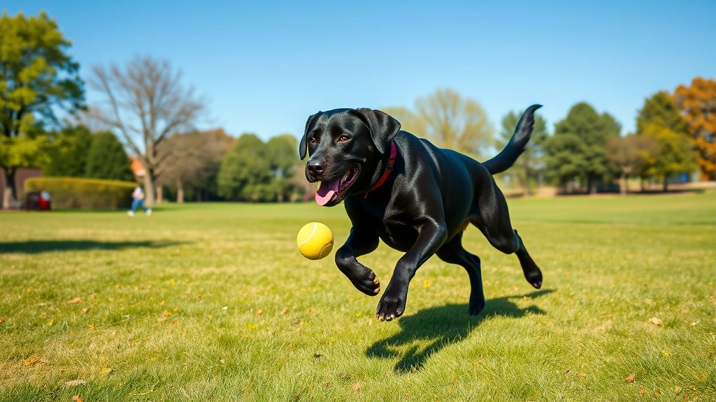 why does my dog keep whimpering -
Photorealistic image of an energetic black labrador playing fetch in a sunny pa