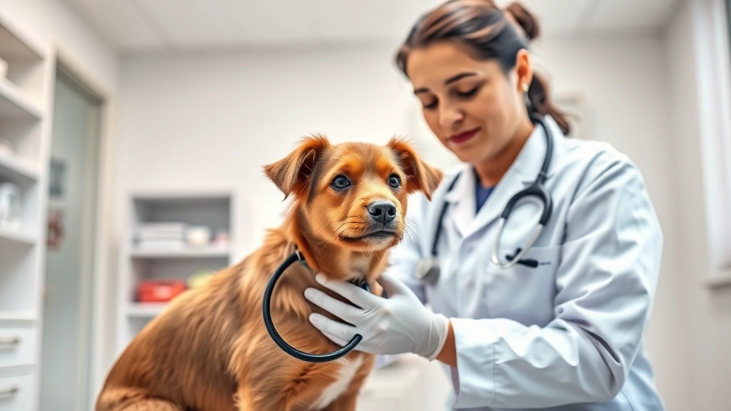 why does my dog keep whimpering -
Photorealistic photo of a veterinarian examining a small brown dog with stethos