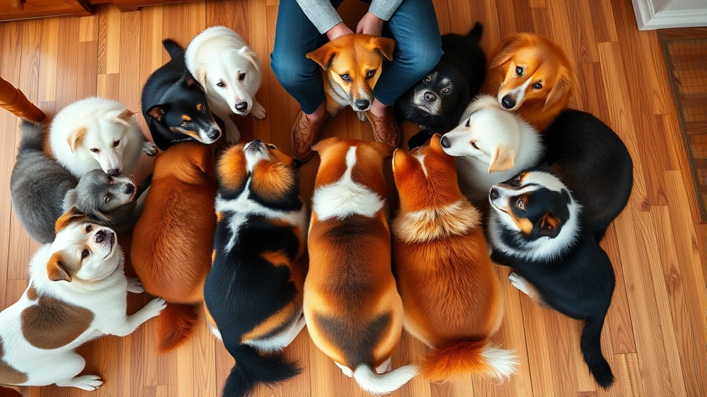 why does my dog lay at my feet -
Multiple dogs of different breeds gathered around owner’s feet on hardwoo