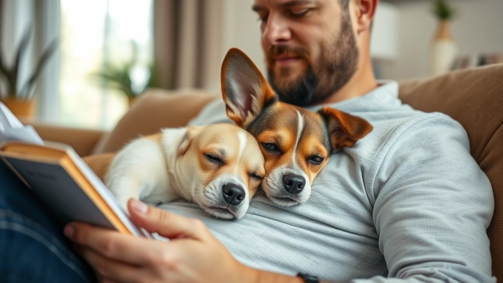 why does my dog lean on me -
A small dog resting their head on a man’s lap while he sits reading, show