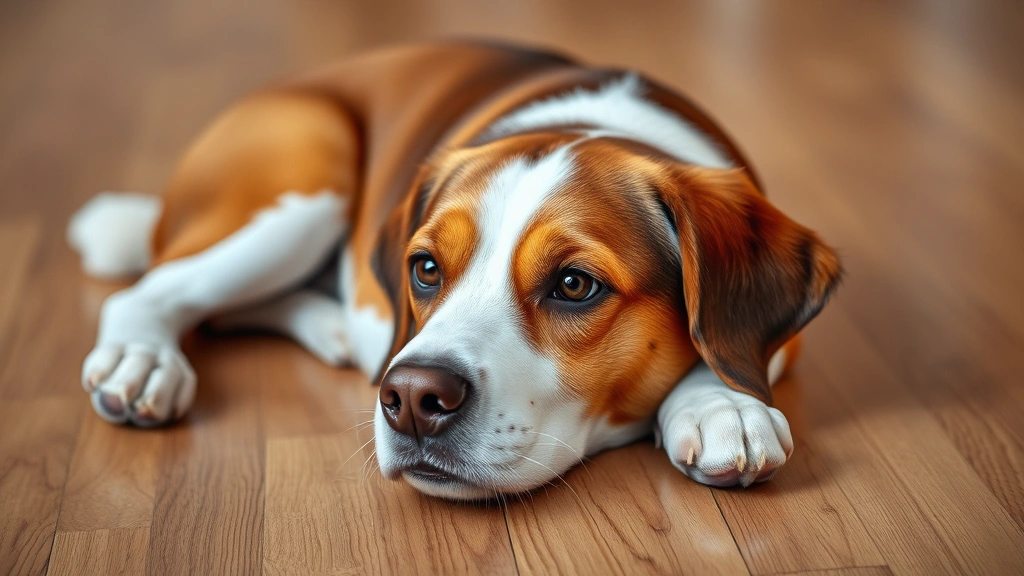 why does my dog lick her paws so much -
Photorealistic image of a brown and white dog lying on a wooden floor
