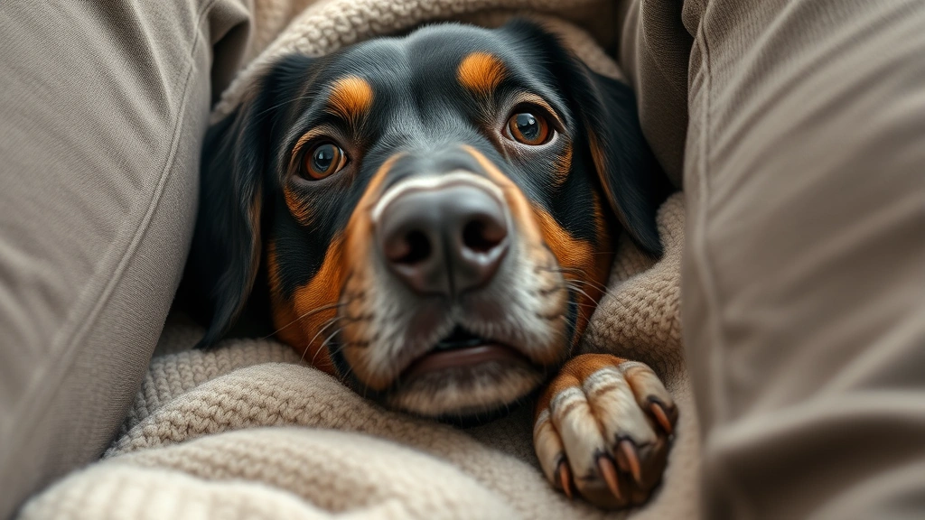 why does my dog like to sleep between my legs -
Photorealistic close-up of a dog’s face looking content and relaxed while