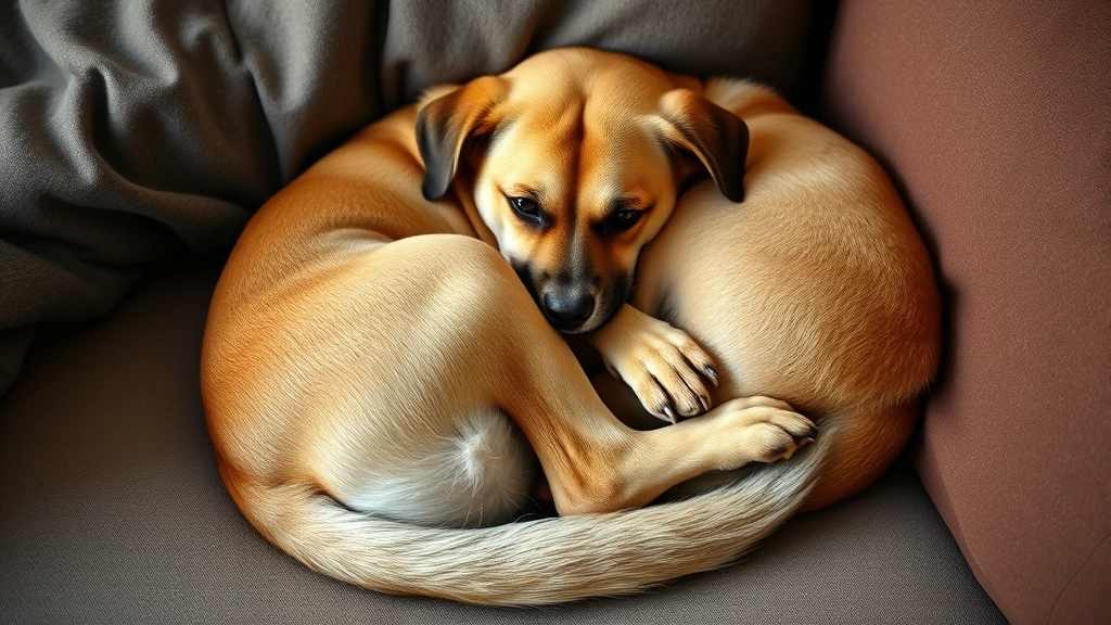 why does my dog like to sleep between my legs -
A photorealistic image of a larger dog curled up in a tight ball between a pers