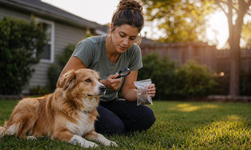 Owner inspecting yard for mucus in dog poop on green lawn