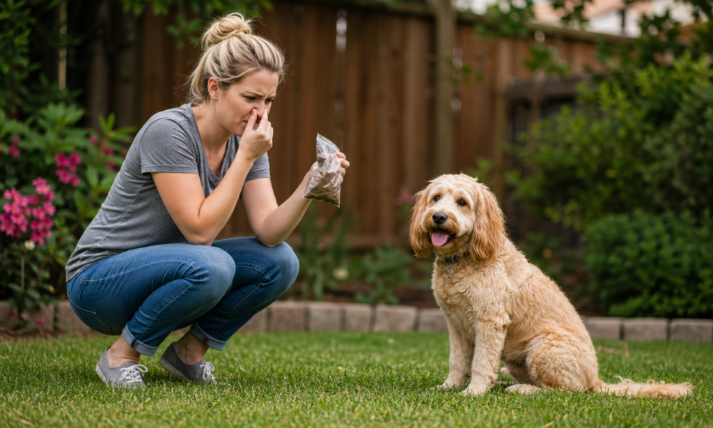 Why does my dogs poop smell so bad — concerned dog owner in yard