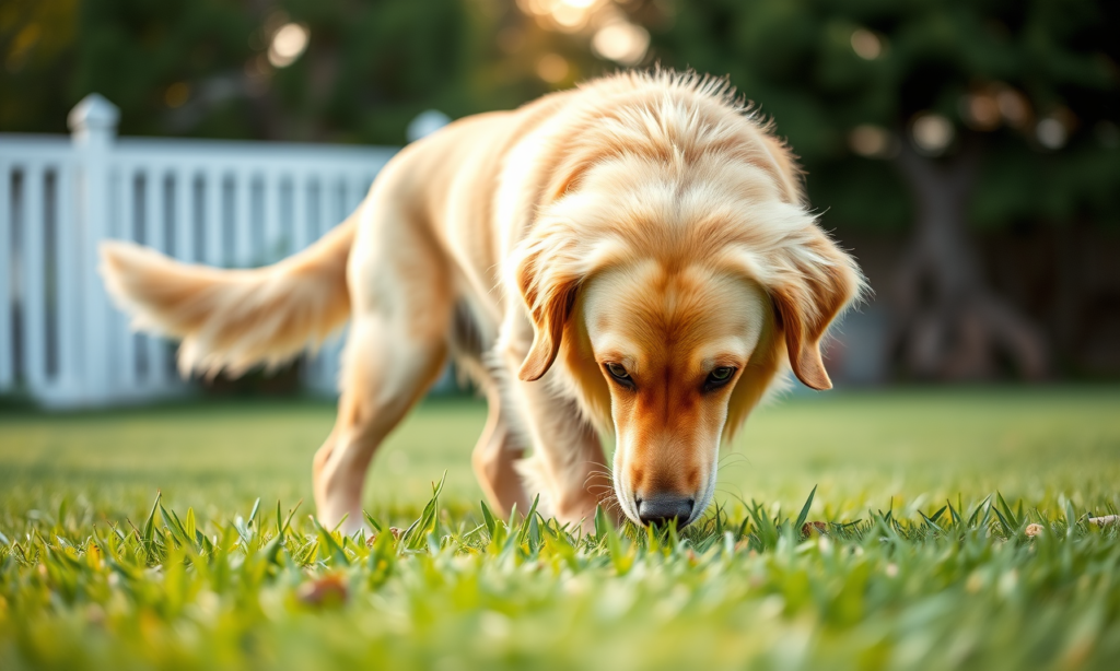 Curious golden retriever sniffing grass — why is my dog eating poop guide
