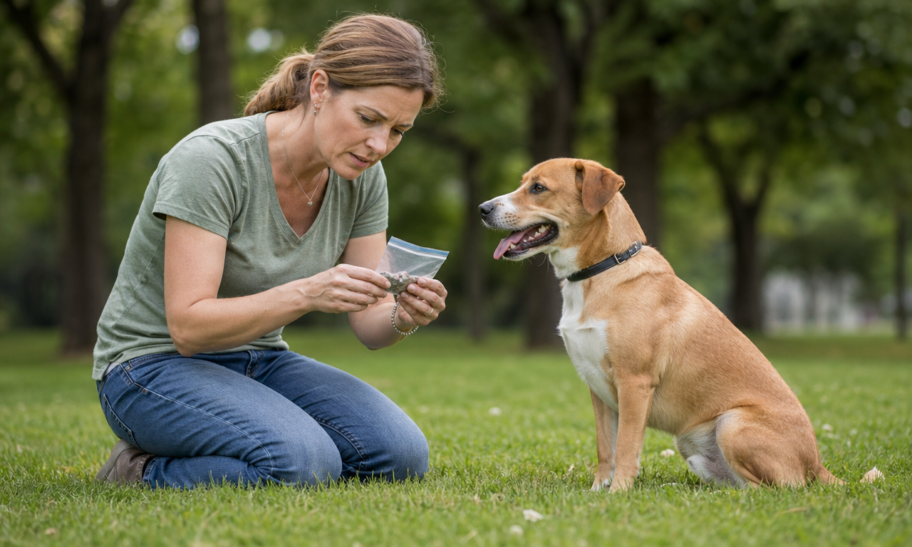 Pet owner checking sample for worms in dog poop on green lawn