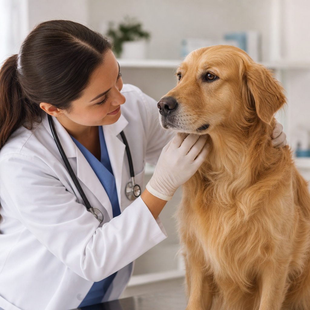 Green dog poop guide — vet examining a healthy dog (illustrative)