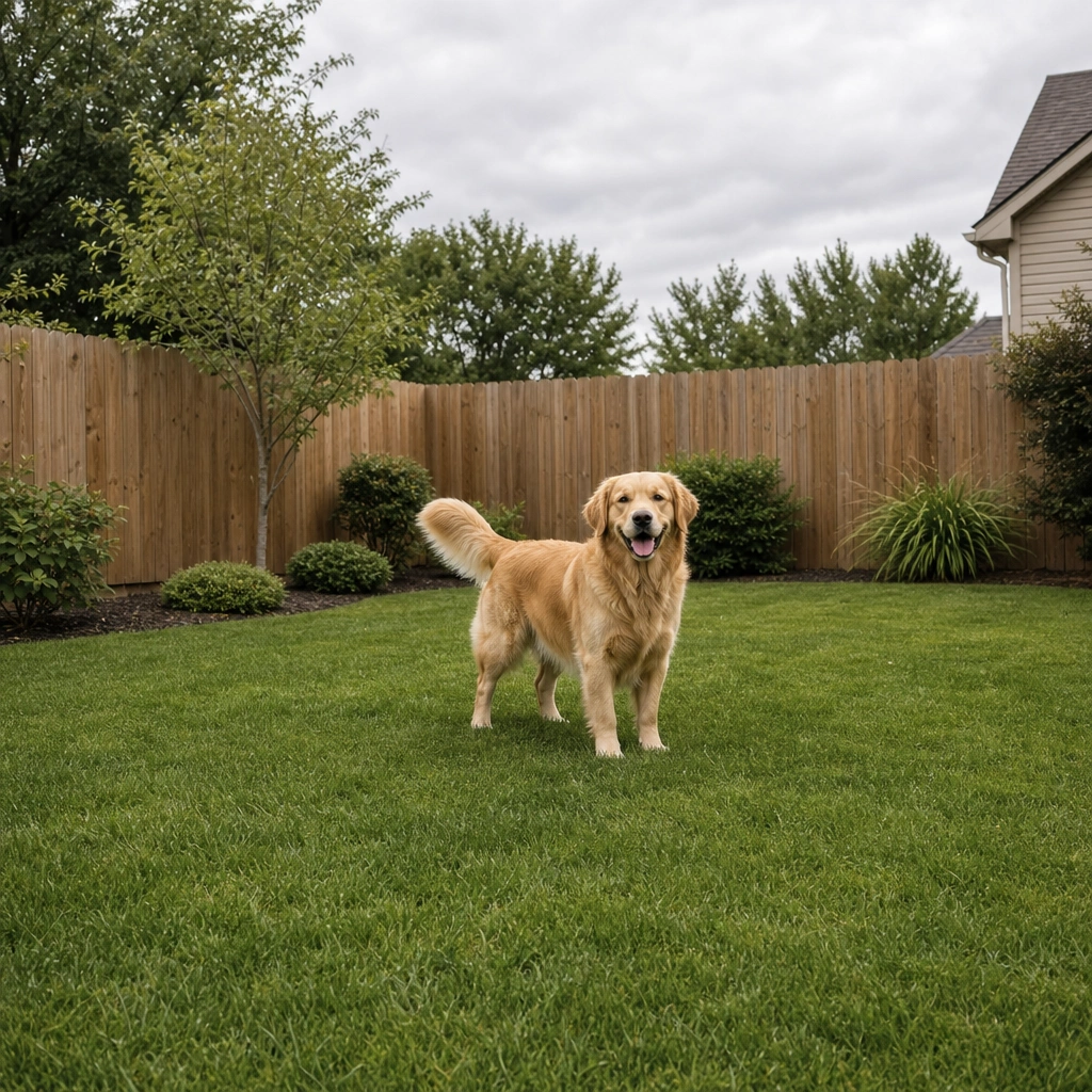 Clean backyard with dog showing ideal backyard dog waste station placement area