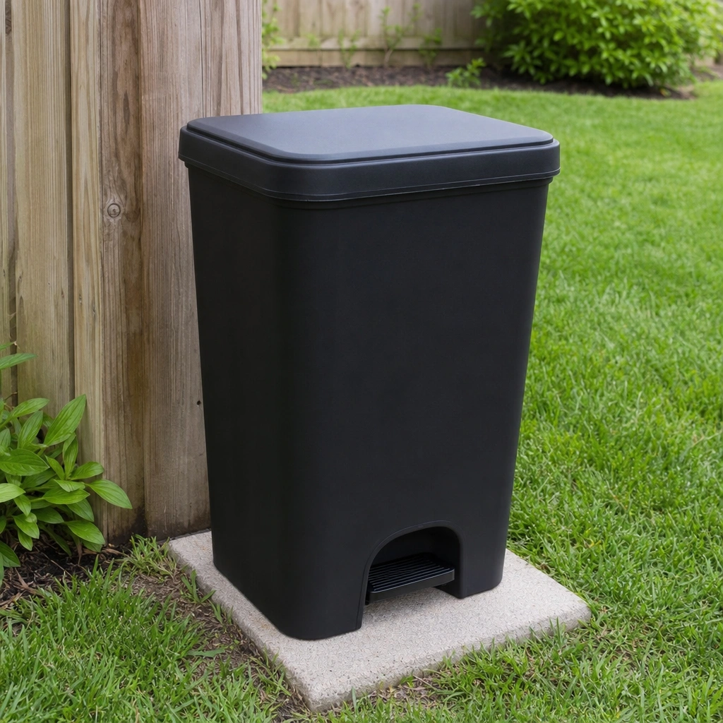Lidded trash can anchored next to fence for backyard dog waste station