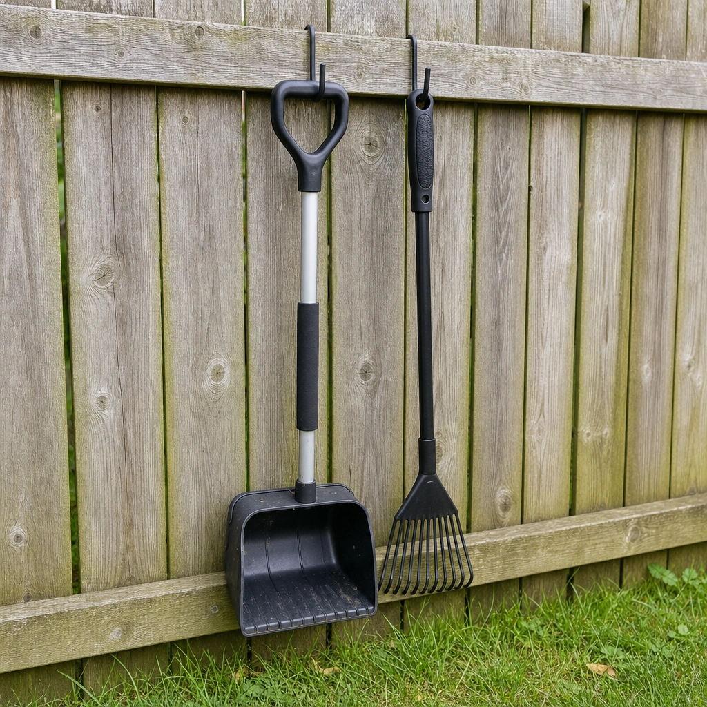 Dog waste scooper tools hanging on fence hooks at cleanup station