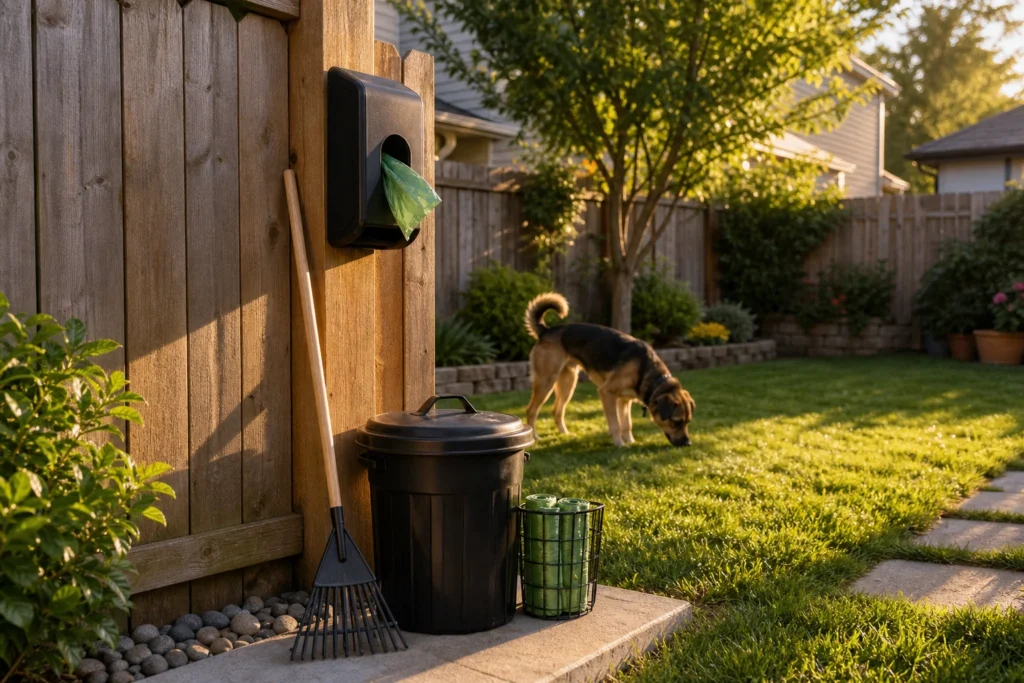 Backyard dog waste station setup along a wooden fence with trash can and supplies