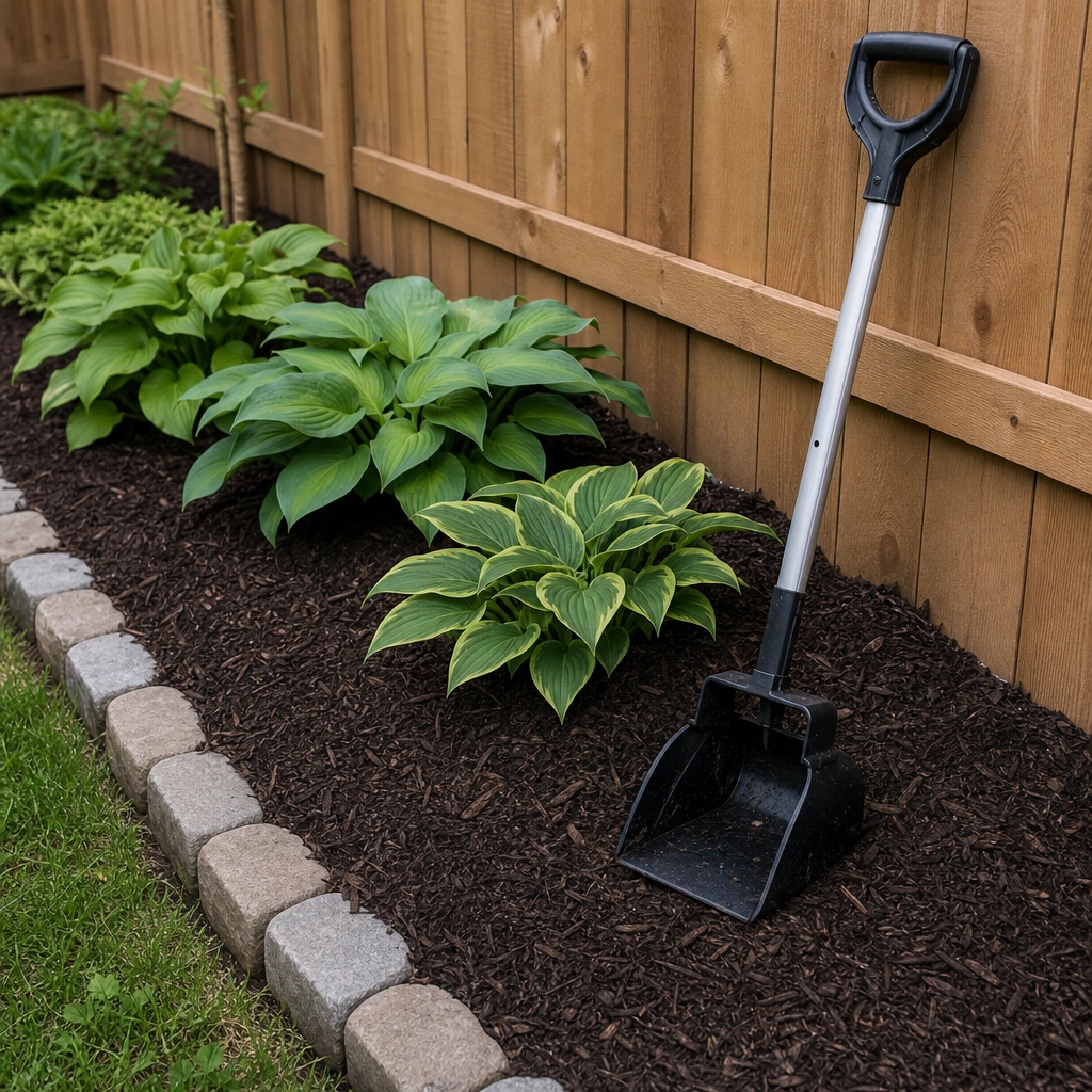 Pooper scooper tool near a flower bed for cleaning dog poop in flower beds