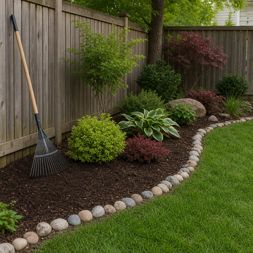 Garden tools and clean flower bed after removing waste from the area