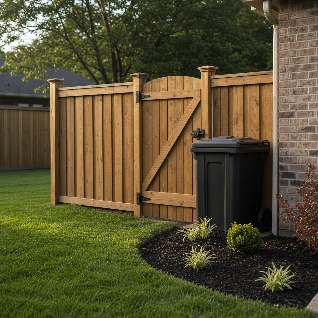 Clean backyard with garbage can for disposing collected dog waste