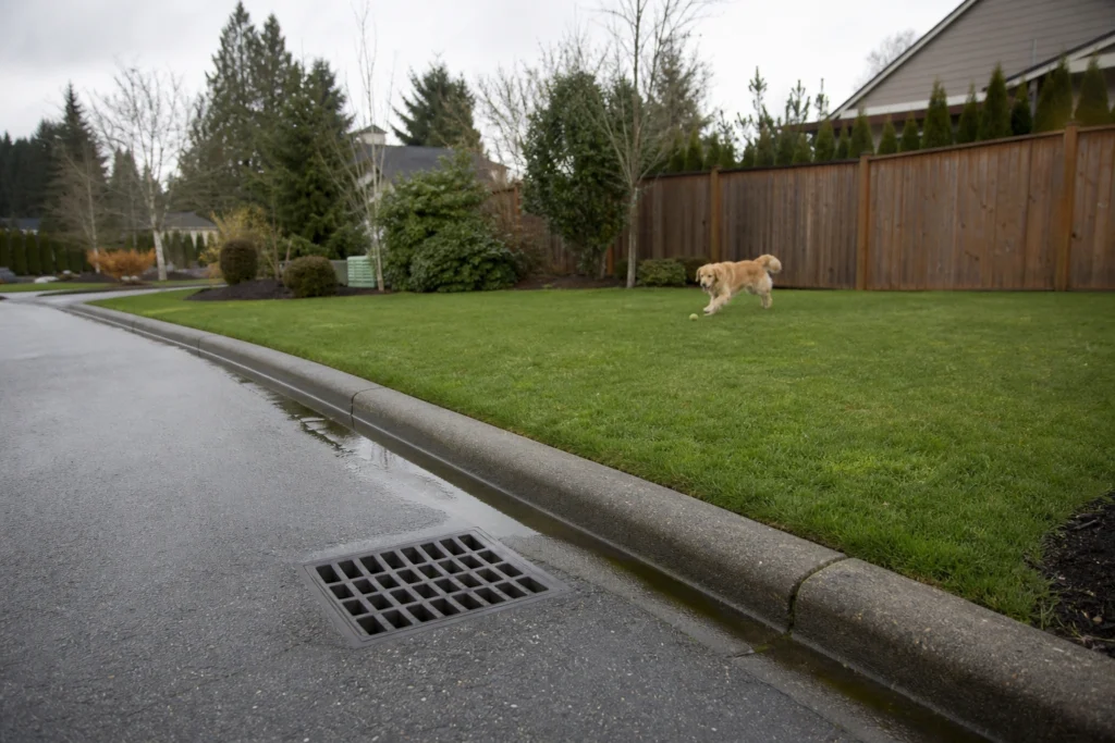 Clean backyard near storm drain showing how dog poop water pollution can enter waterways through runoff