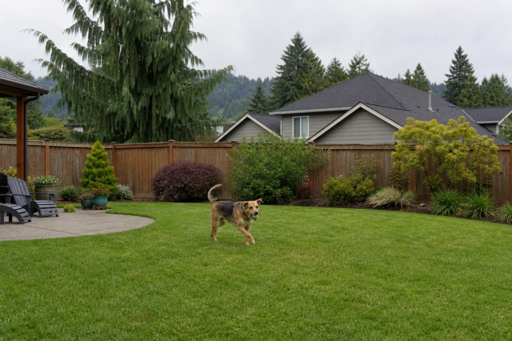 Clean backyard with dog playing on green lawn showing how to keep flies away from dog poop