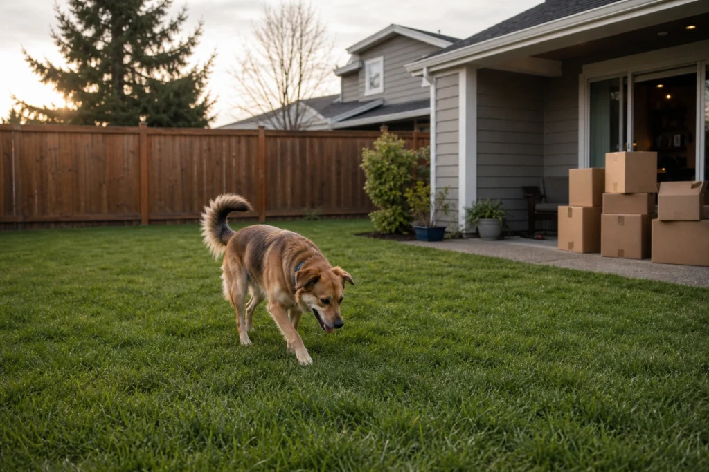 Clean backyard ready for new house yard prep for dogs with fenced lawn and dog exploring