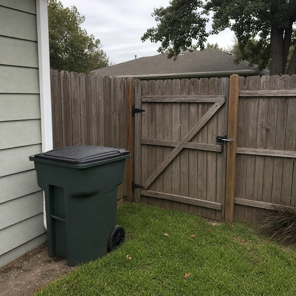 Garbage can for waste disposal after yard cleanup in residential setting