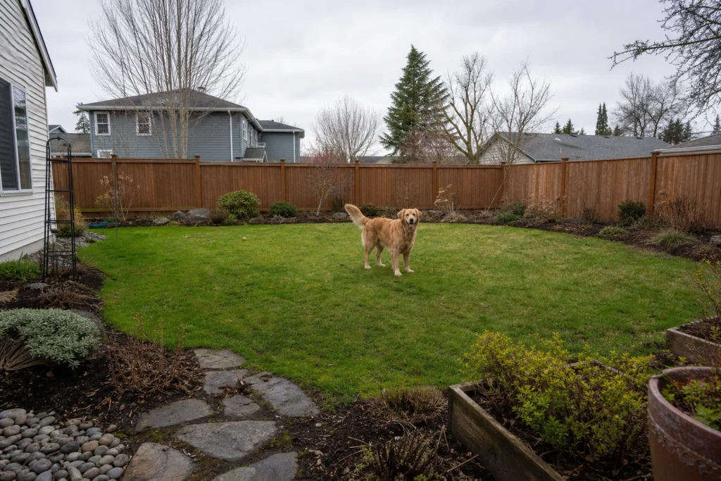 Clean backyard ready for spring yard cleanup dog poop with happy dog on grass